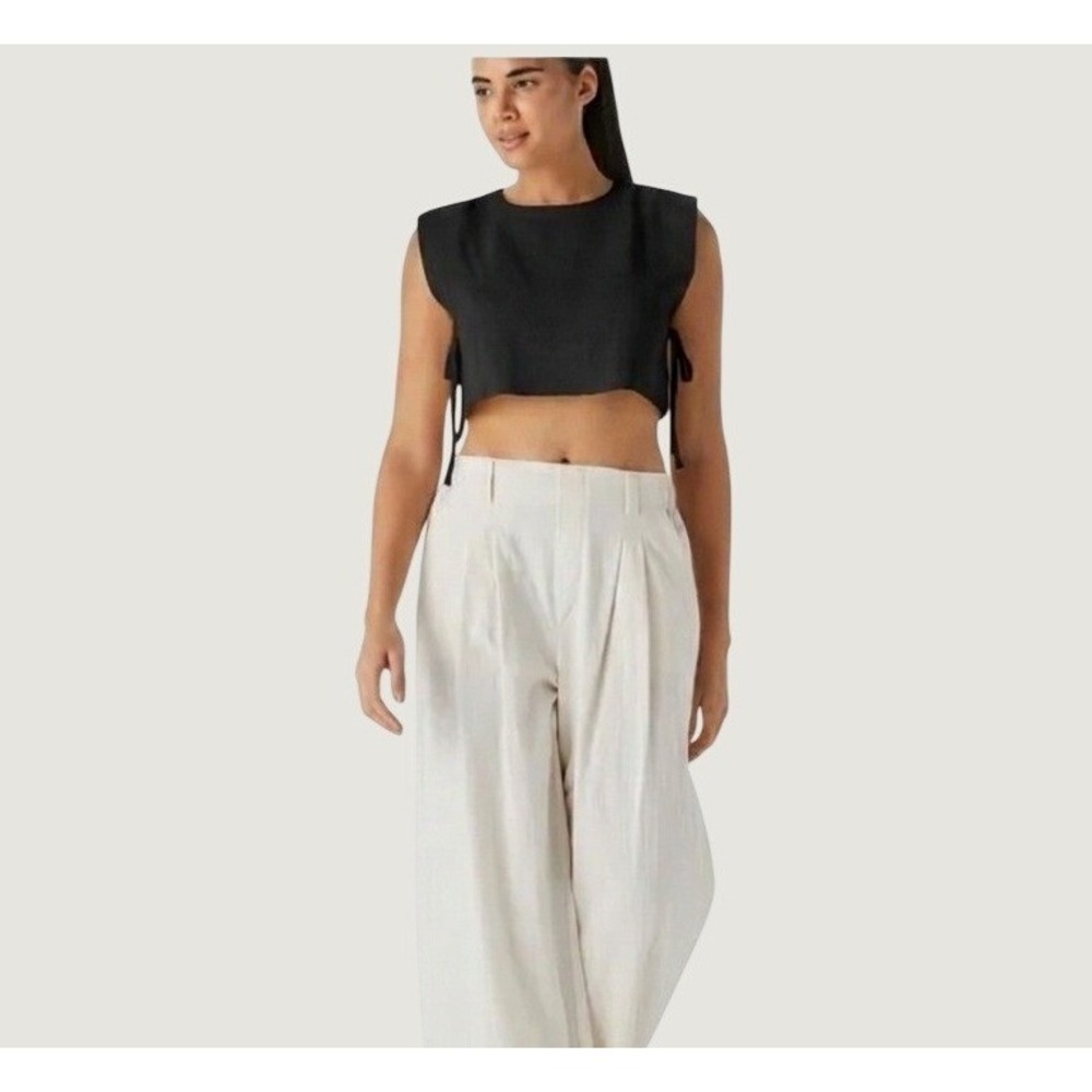 Halara Crop Top Womens X-Large XL Black Linen Blend Side Tie Padded Shoulder NWT